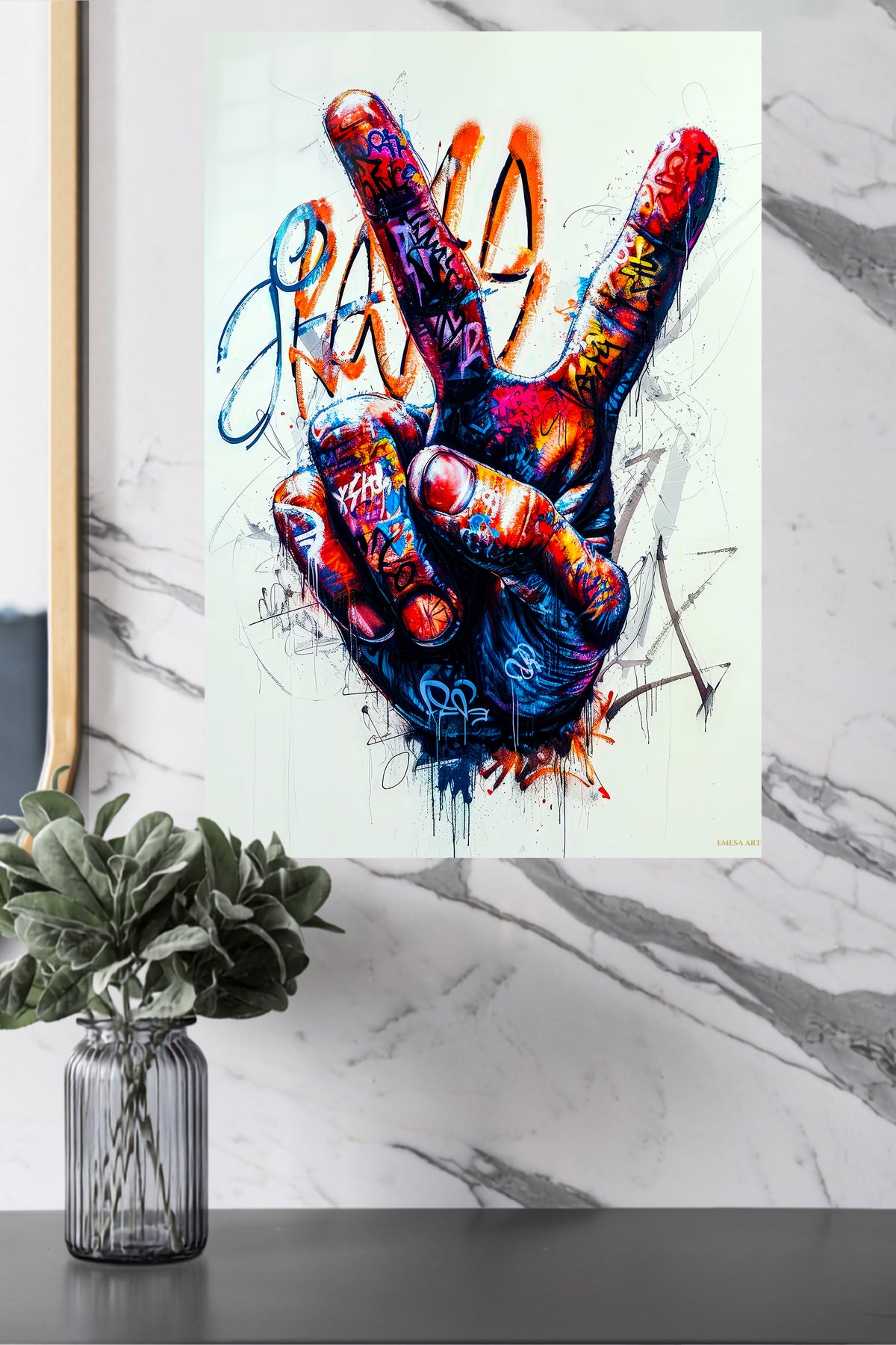 Graffiti Rock Hand Gesture premium metal wall art
