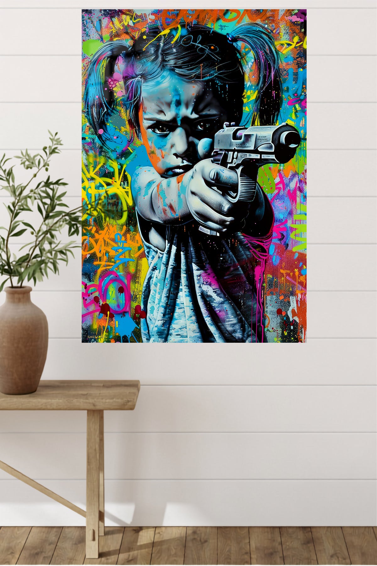 Graffiti Toy Blaster Girl metal wall art displayed in a modern interior