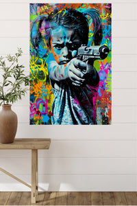 Graffiti Toy Blaster Girl metal wall art displayed in a modern interior