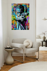 Graffiti Toy Blaster Girl metal wall art displayed in a contemporary living space