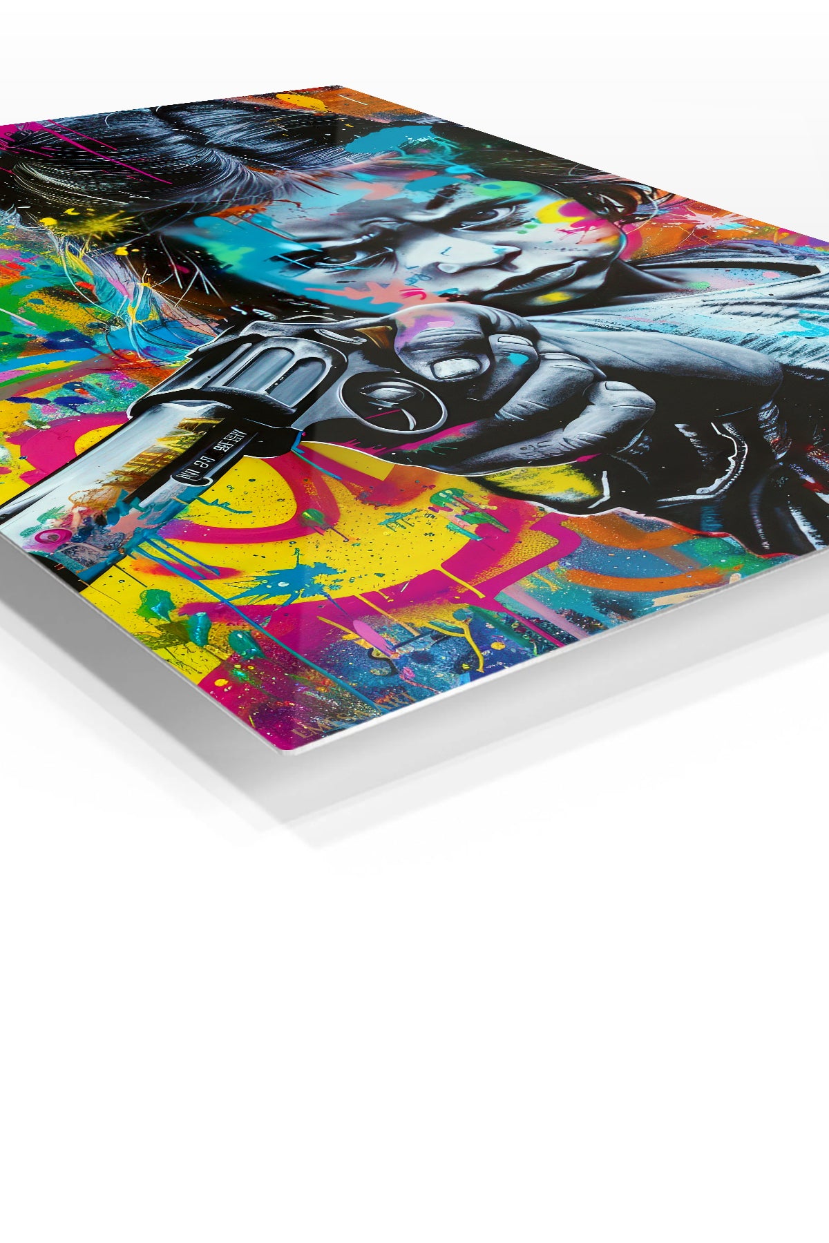Graffiti Toy Revolver Girl premium metal wall art – angled view