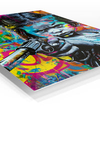 Graffiti Toy Revolver Girl premium metal wall art – angled view