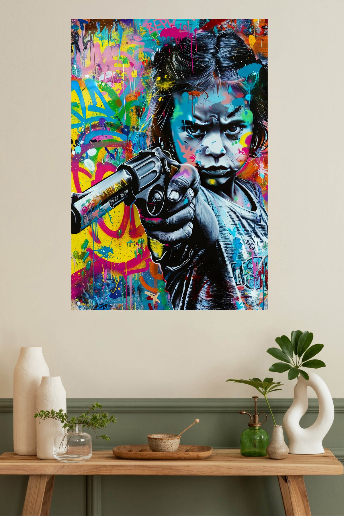 Graffiti Toy Revolver Girl metal wall art displayed in a modern interior