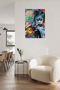 Graffiti Toy Revolver Girl metal wall art displayed in a contemporary living space