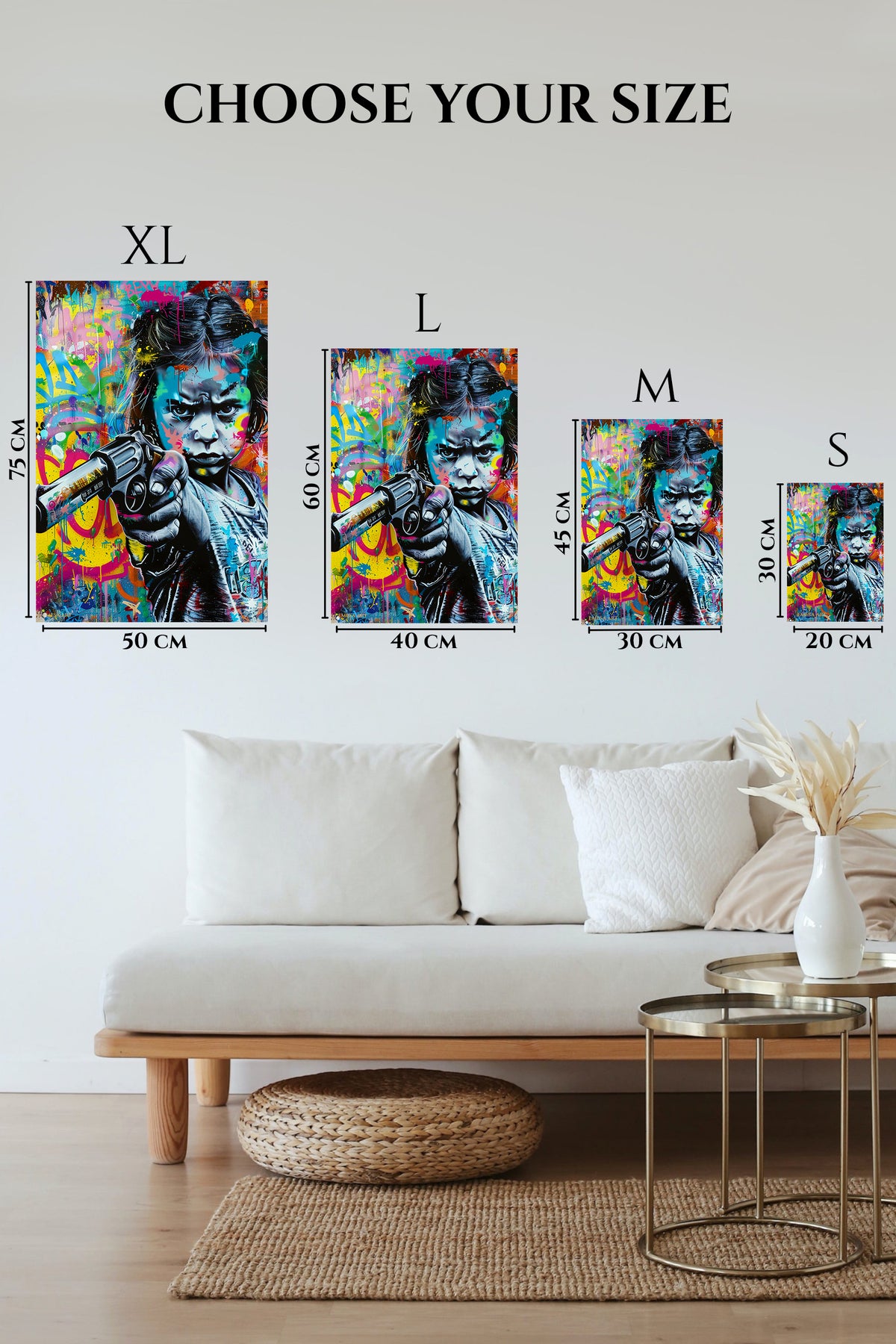 EMESA metal wall art size comparison guide for Graffiti Toy Revolver Girl