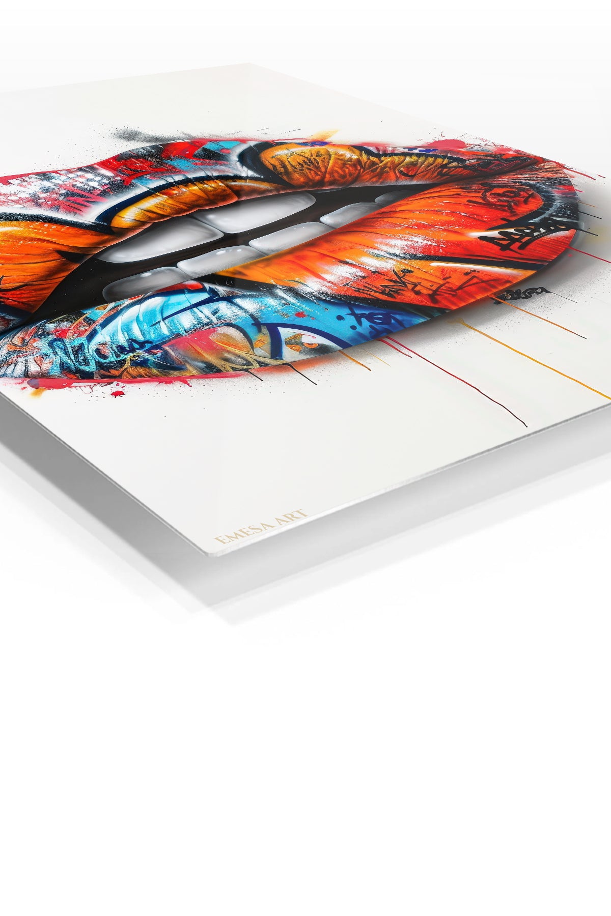 Graffiti Lips Pop Art premium metal wall art – angled view