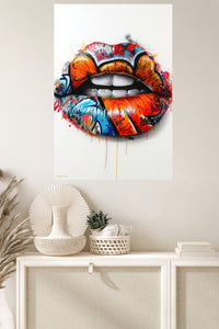 Graffiti Lips Pop Art metal wall art displayed in a modern interior