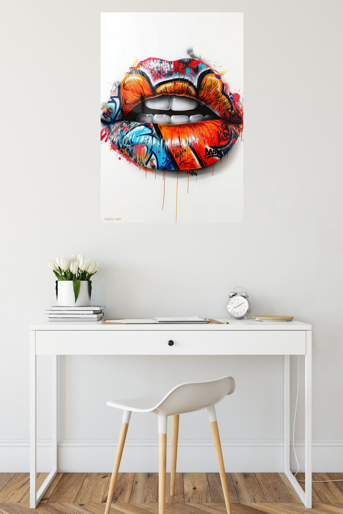 Graffiti Lips Pop Art metal wall art displayed in a contemporary living space