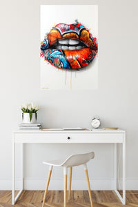 Graffiti Lips Pop Art metal wall art displayed in a contemporary living space