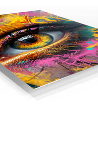 Golden Graffiti Eye premium metal wall art – angled view