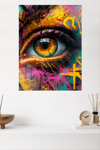 Golden Graffiti Eye metal wall art displayed in a modern interior