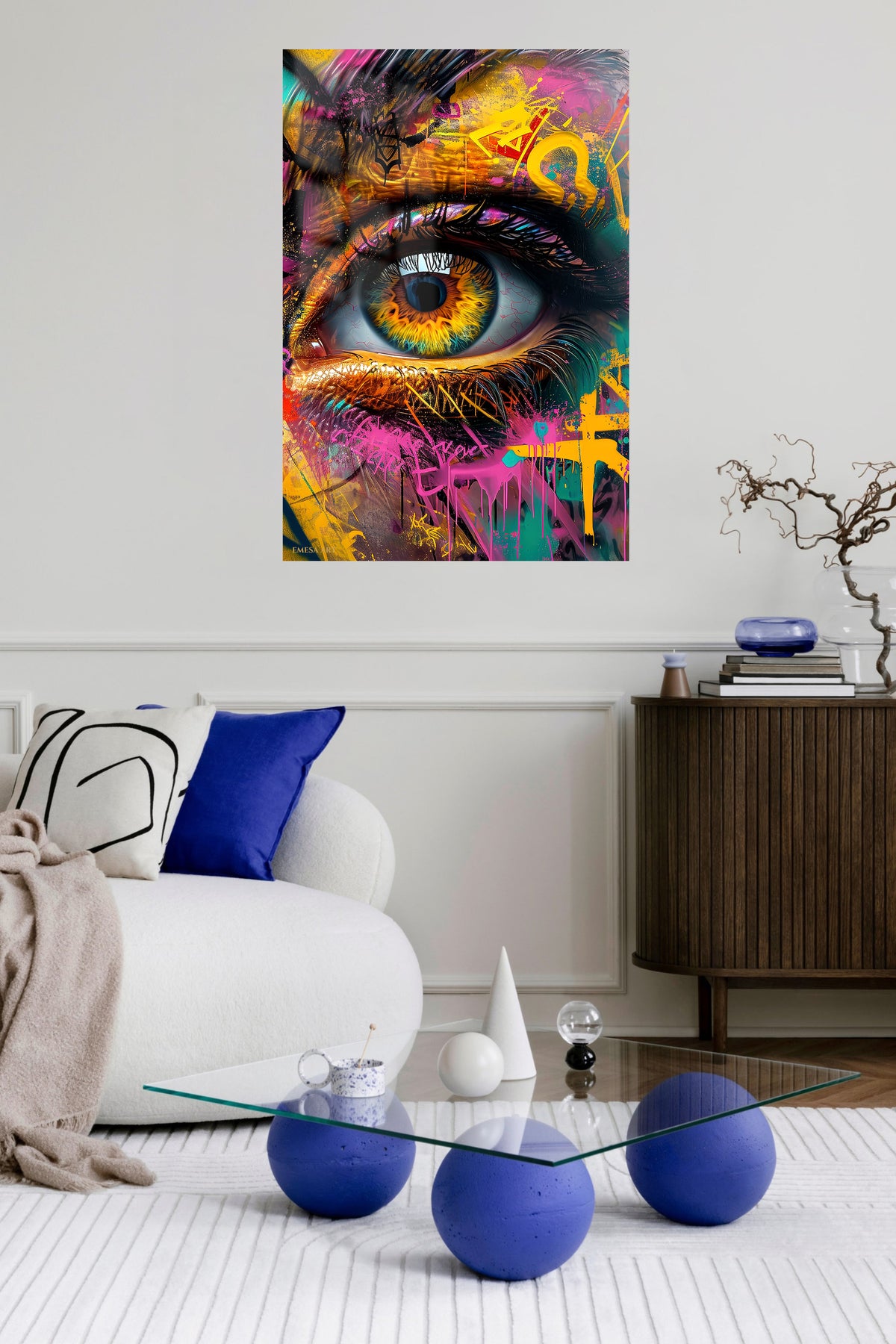 Golden Graffiti Eye metal wall art displayed in a contemporary living space