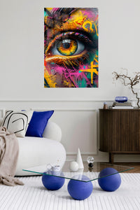Golden Graffiti Eye metal wall art displayed in a contemporary living space