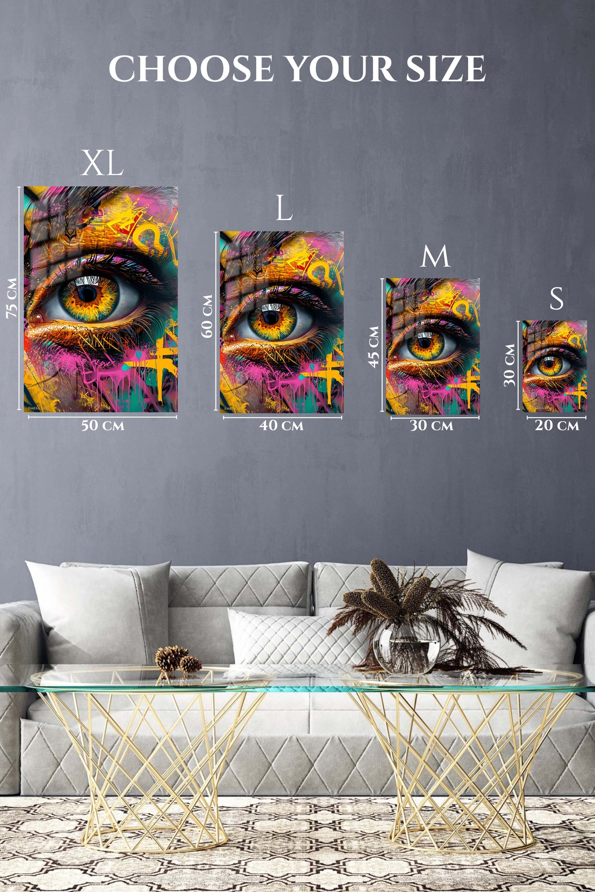 EMESA metal wall art size comparison guide for Golden Graffiti Eye