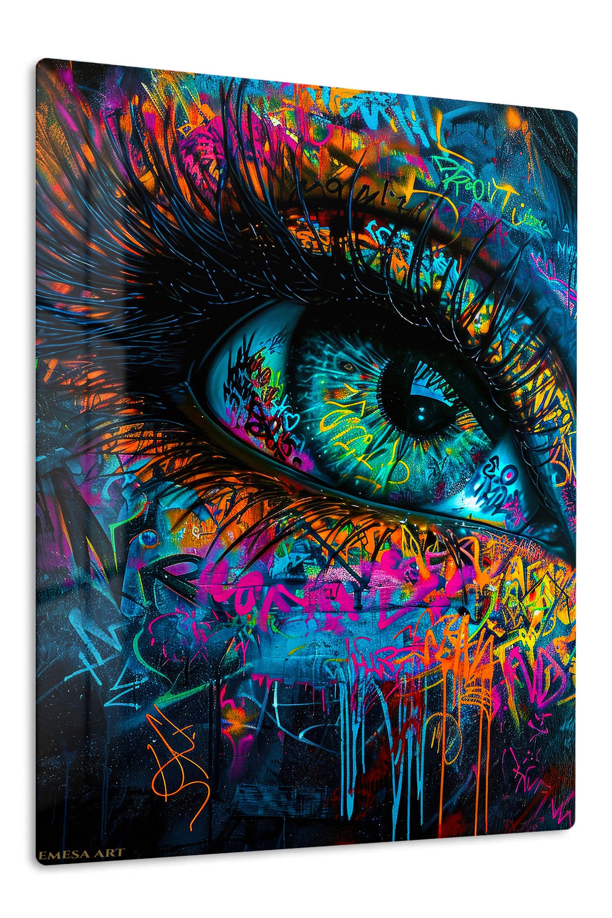 Neon Graffiti Blue Eye premium metal wall art – front view