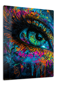 Neon Graffiti Blue Eye premium metal wall art – front view