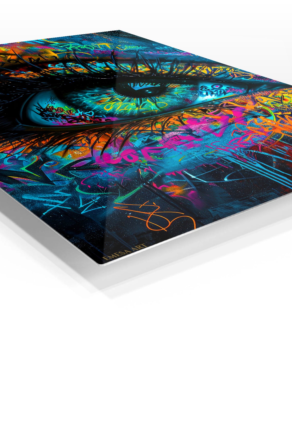 Neon Graffiti Blue Eye premium metal wall art – angled view