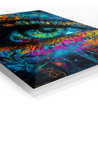 Neon Graffiti Blue Eye premium metal wall art – angled view