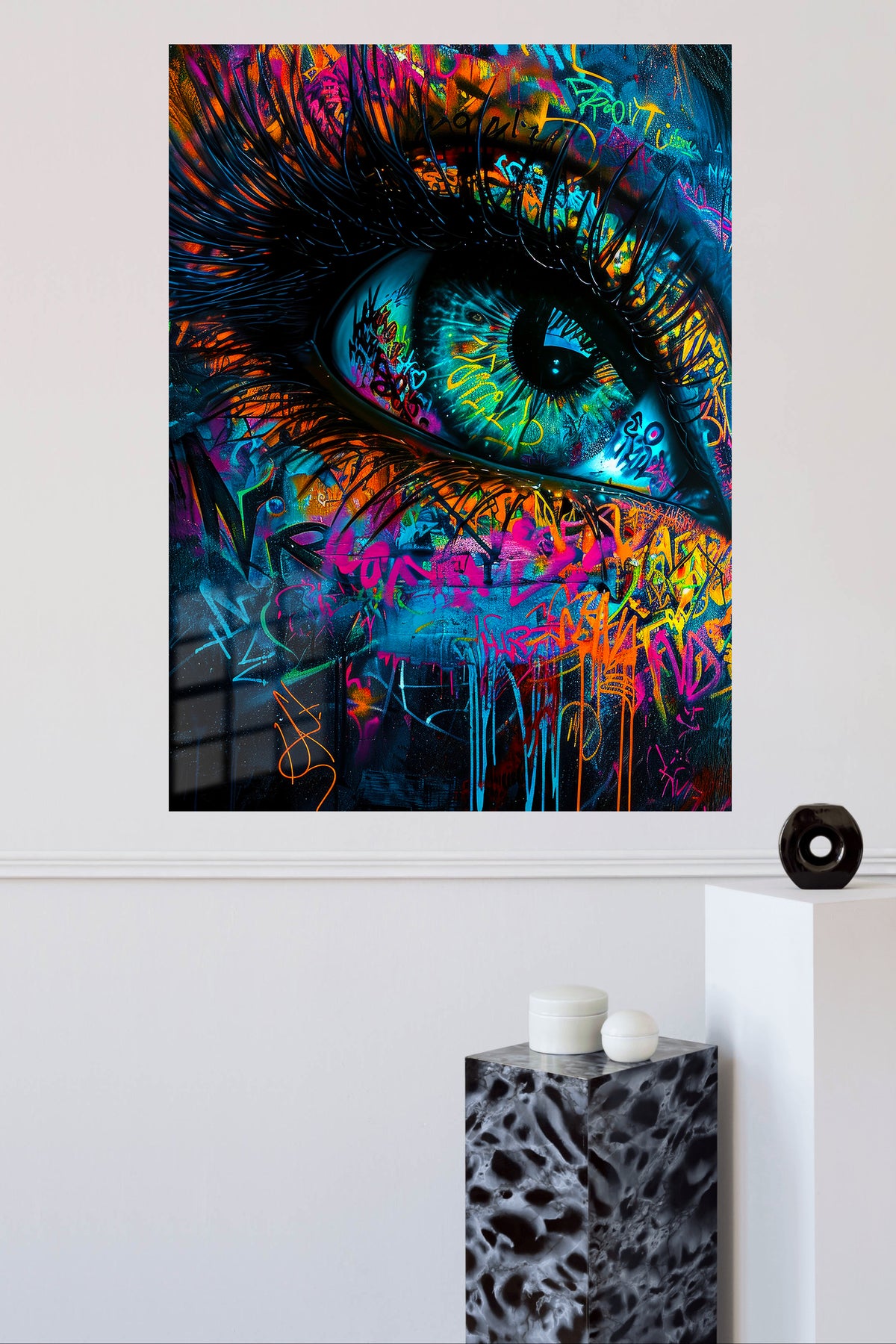 Neon Graffiti Blue Eye metal wall art displayed in a modern interior