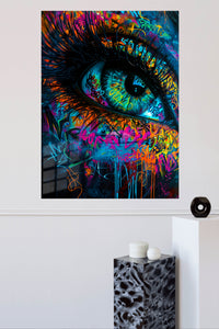 Neon Graffiti Blue Eye metal wall art displayed in a modern interior