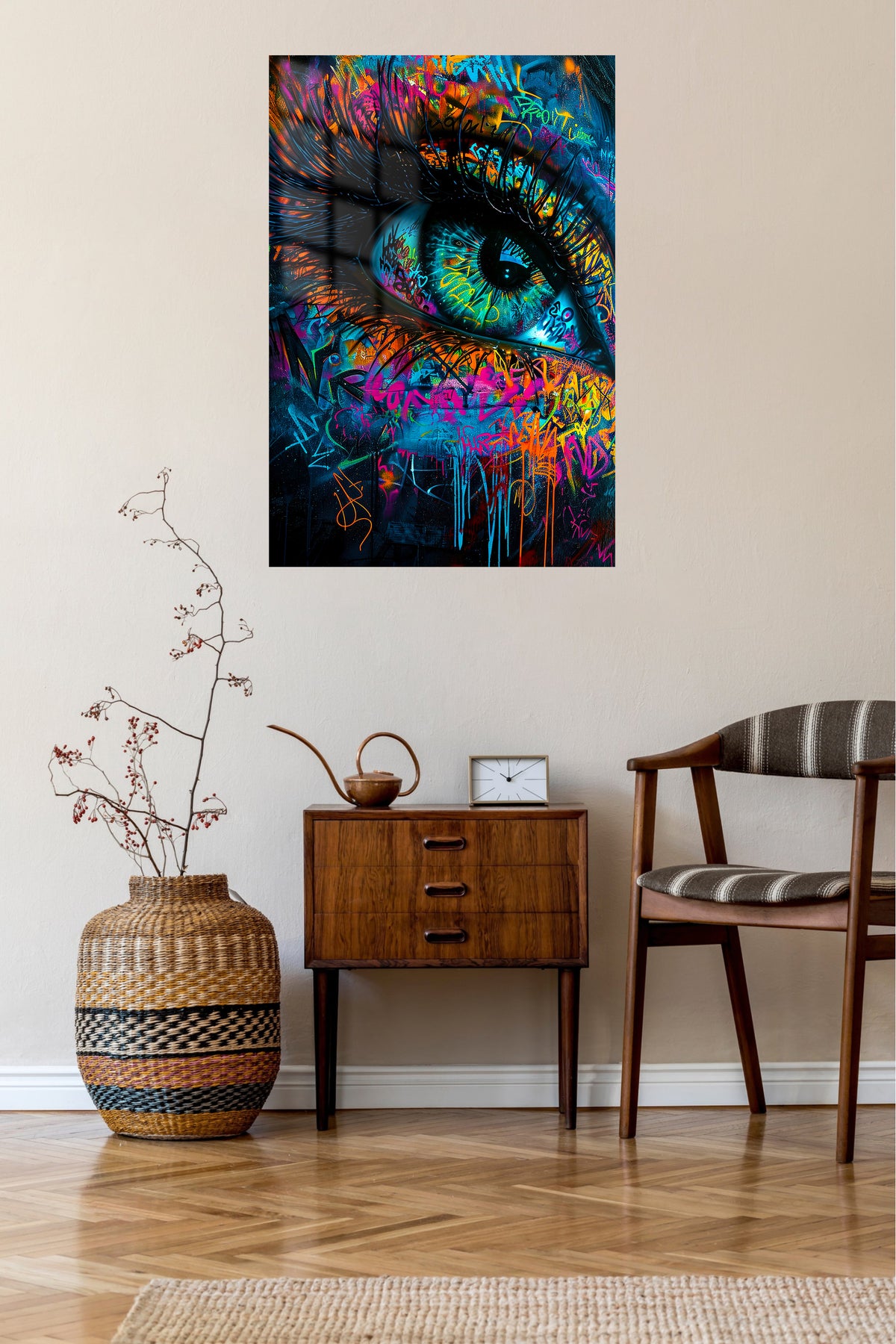 Neon Graffiti Blue Eye metal wall art displayed in a contemporary living space