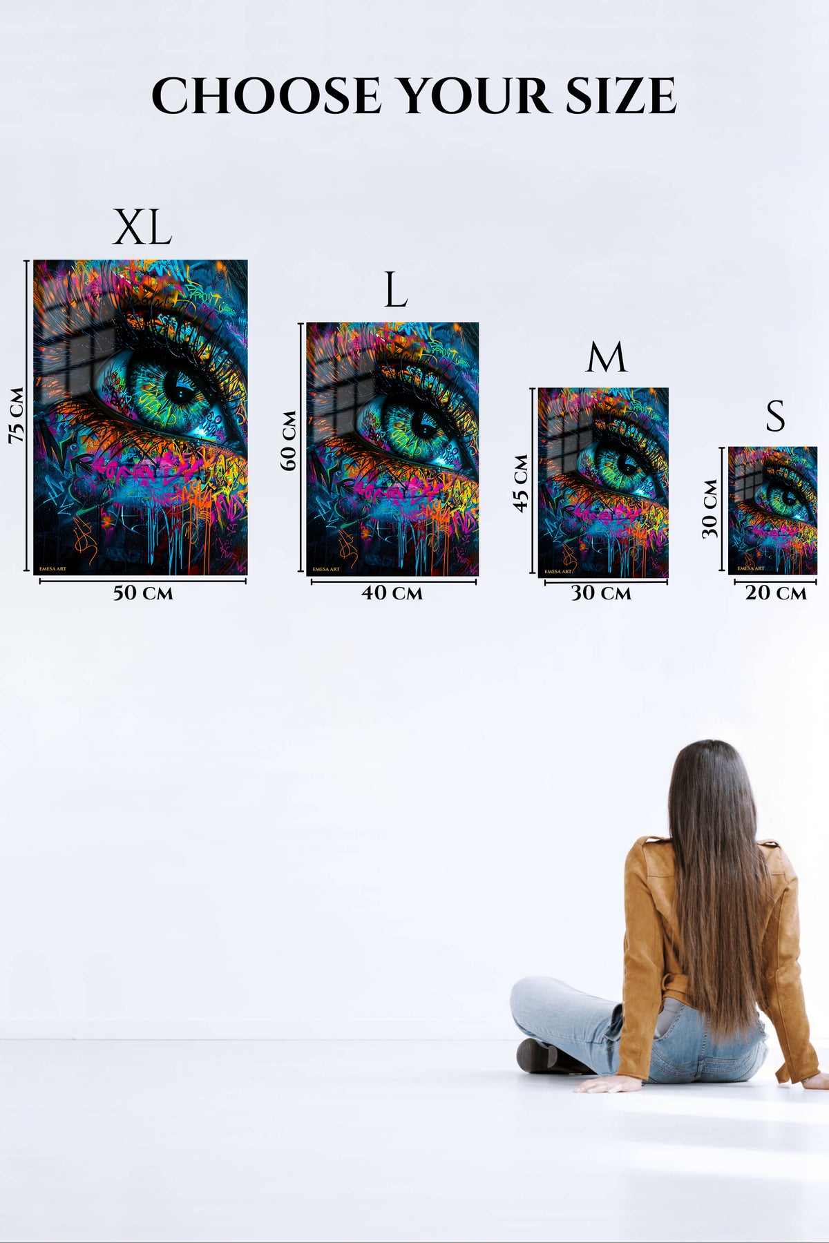 EMESA metal wall art size comparison guide for Neon Graffiti Blue Eye