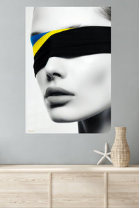 Blindfold Pop Portrait metal wall art displayed in a modern interior