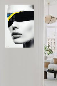 Blindfold Pop Portrait metal wall art displayed in a contemporary living space