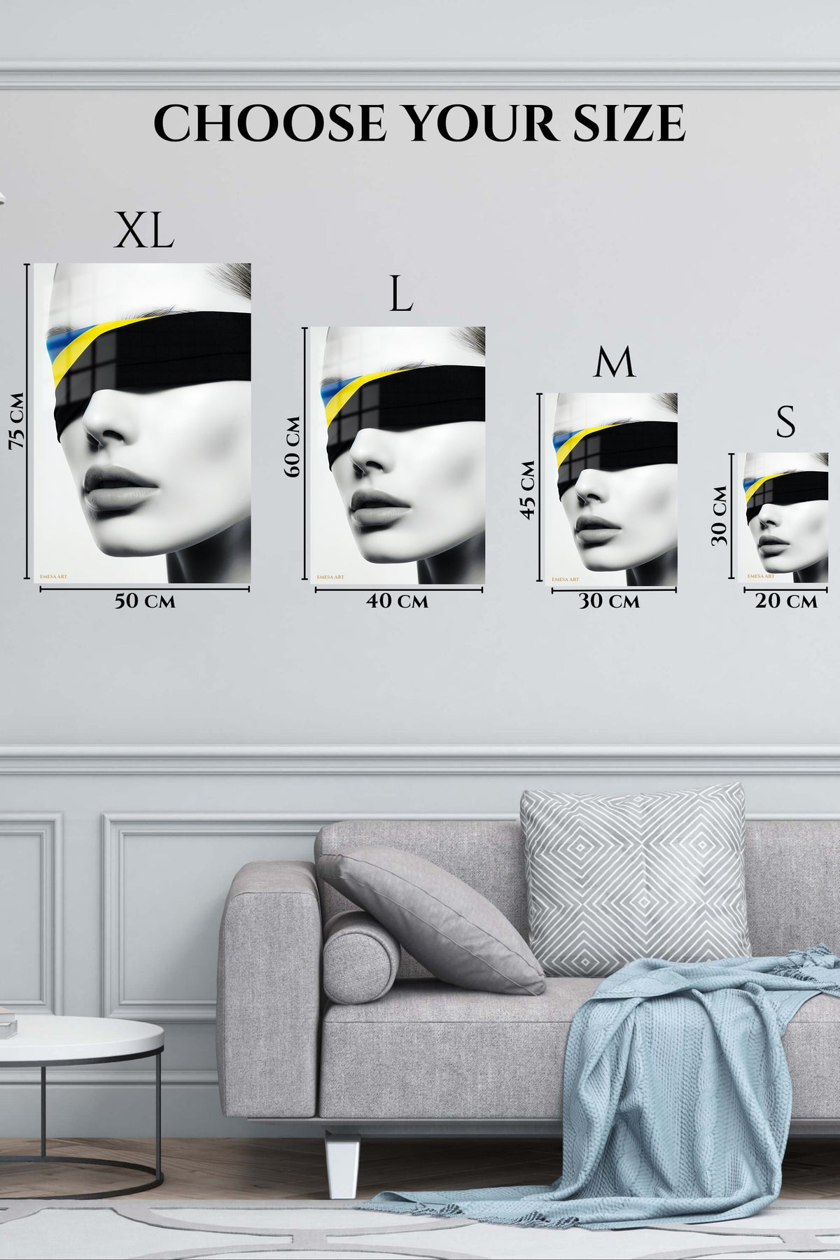 EMESA metal wall art size comparison guide for Blindfold Pop Portrait