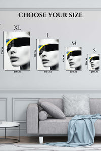 EMESA metal wall art size comparison guide for Blindfold Pop Portrait