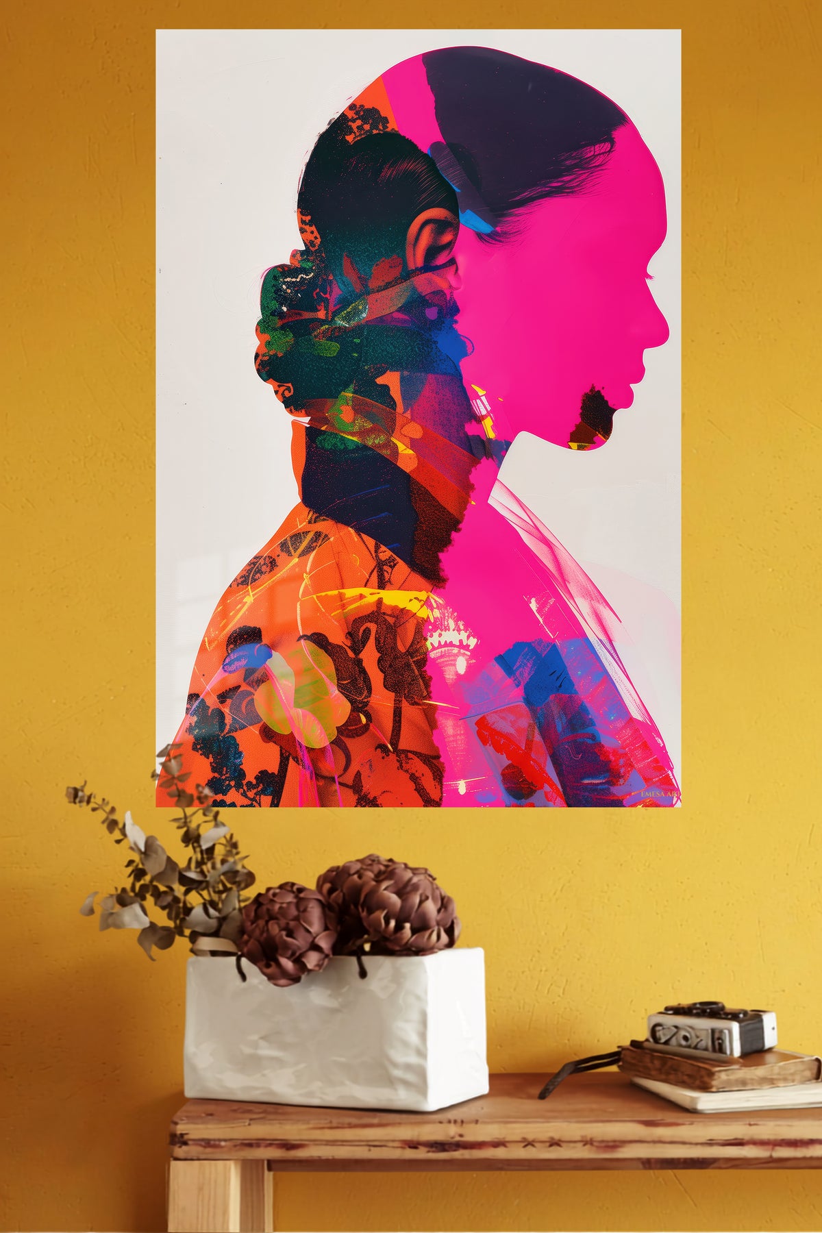 Double Exposure Fashion Portrait metal wall art displayed in a modern interior