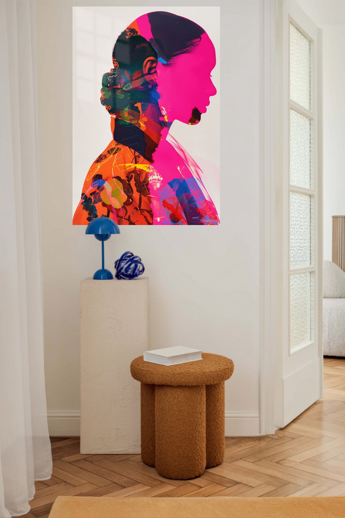 Double Exposure Fashion Portrait metal wall art displayed in a contemporary living space