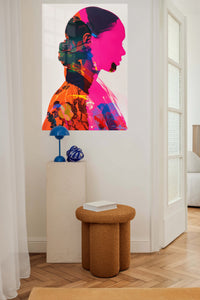 Double Exposure Fashion Portrait metal wall art displayed in a contemporary living space