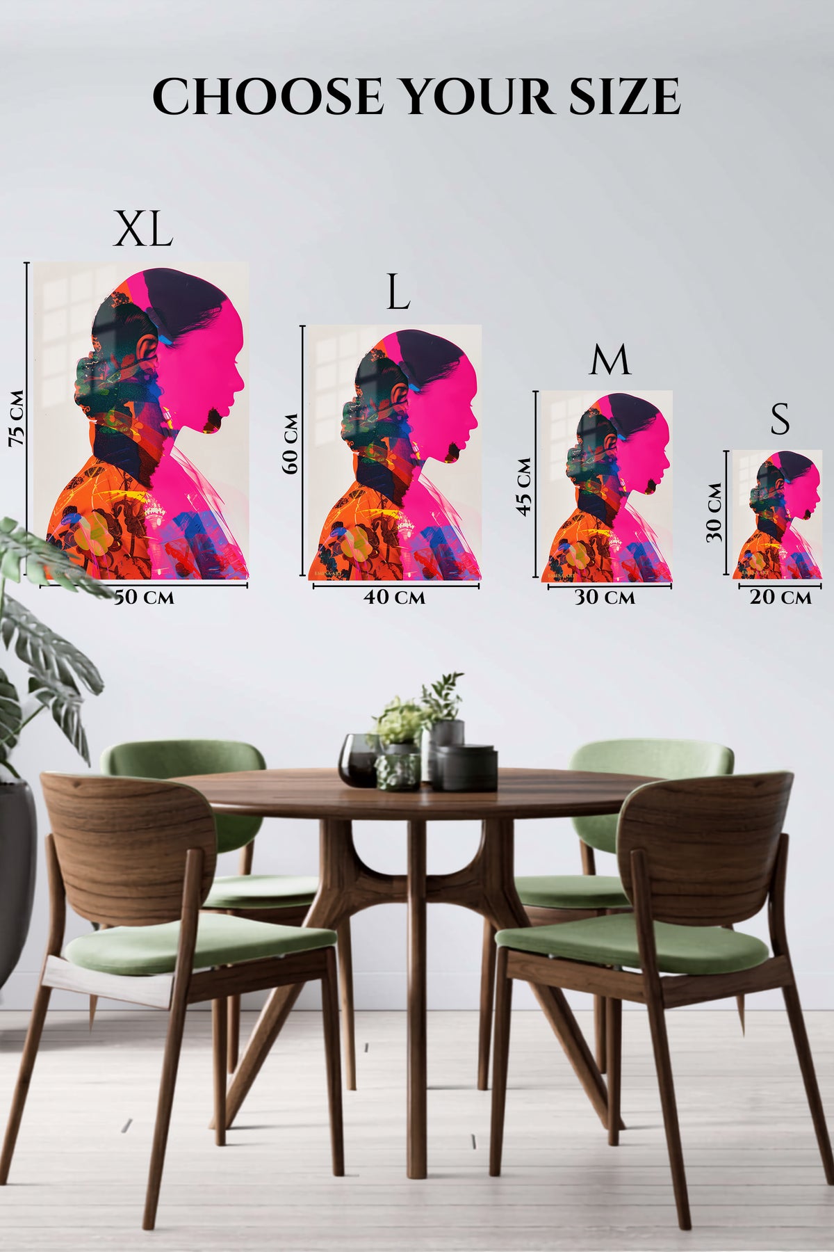 EMESA metal wall art size comparison guide for Double Exposure Fashion Portrait