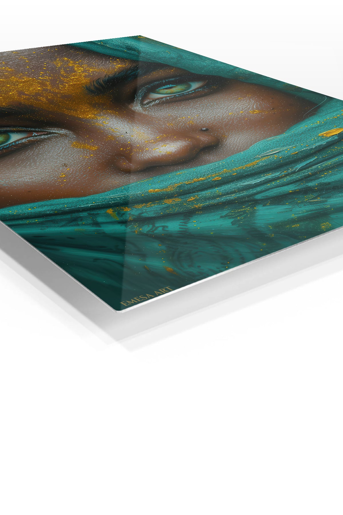 Emerald Veil Portrait premium metal wall art – angled view
