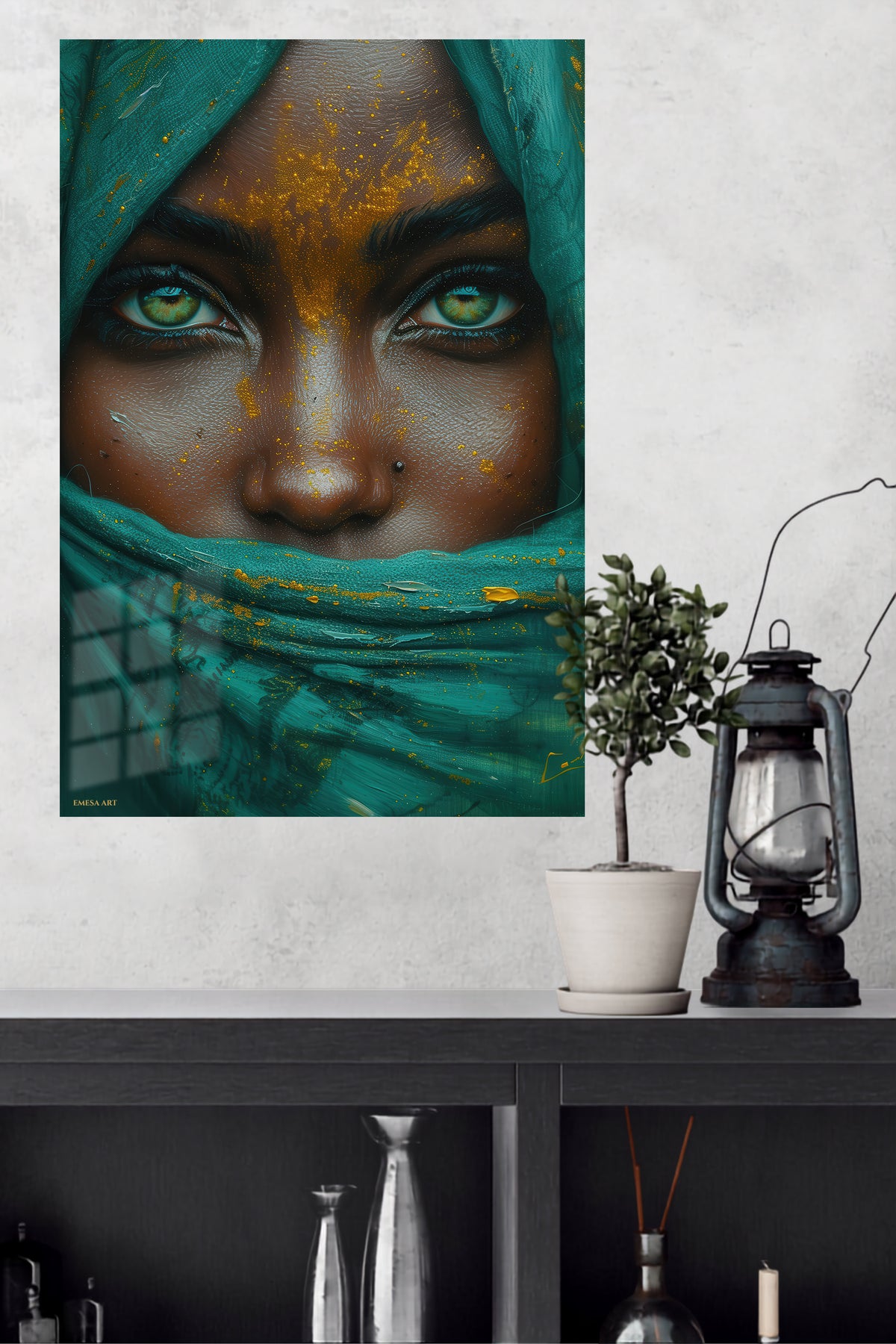 Emerald Veil Portrait metal wall art displayed in a modern interior
