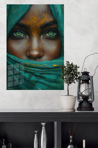 Emerald Veil Portrait metal wall art displayed in a modern interior