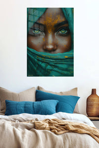 Emerald Veil Portrait metal wall art displayed in a contemporary living space