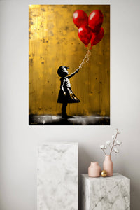 Girl with Red Balloons Street Art metal wall art displayed in a modern interior