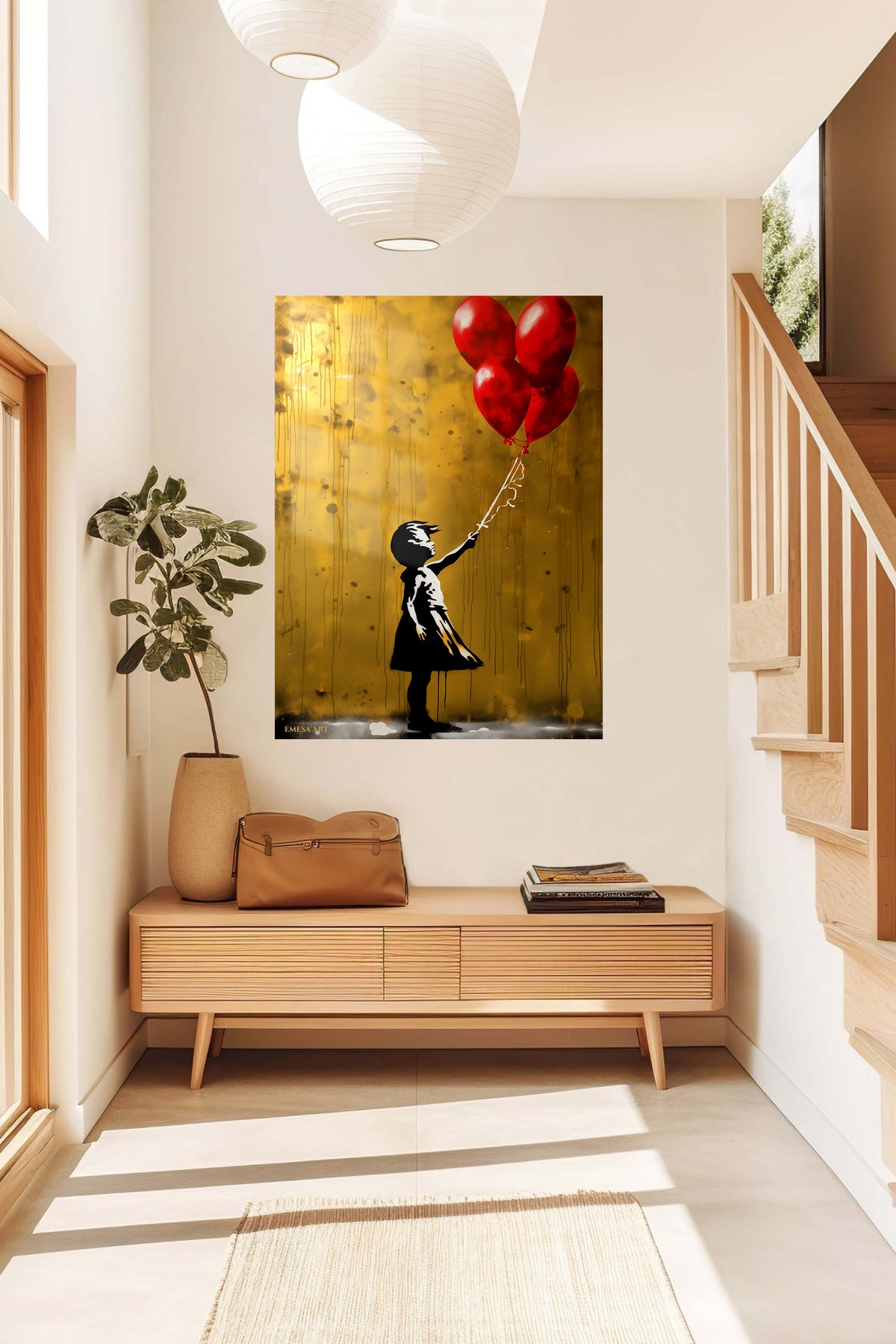 Girl with Red Balloons Street Art metal wall art displayed in a contemporary living space