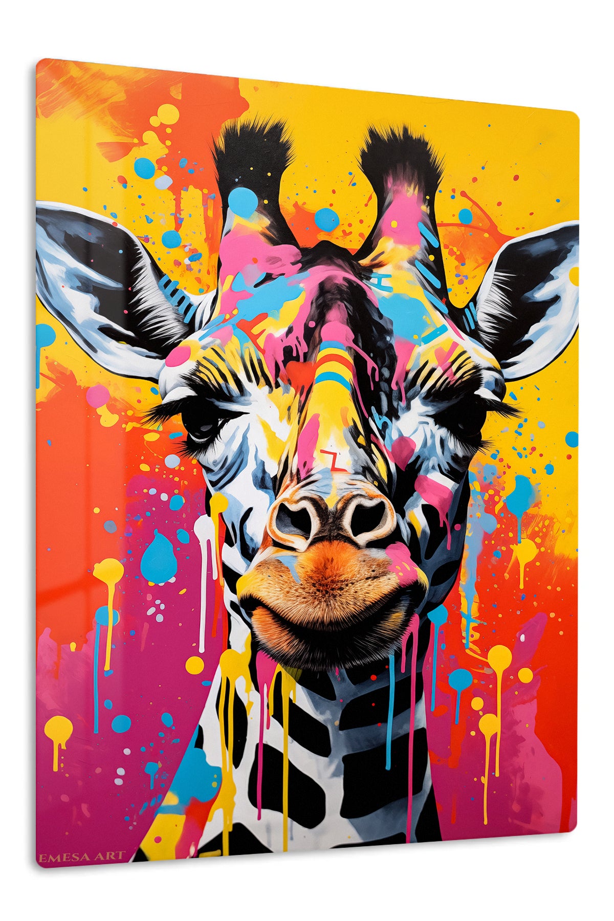 Color Splash Giraffe Portrait premium metal wall art – front view