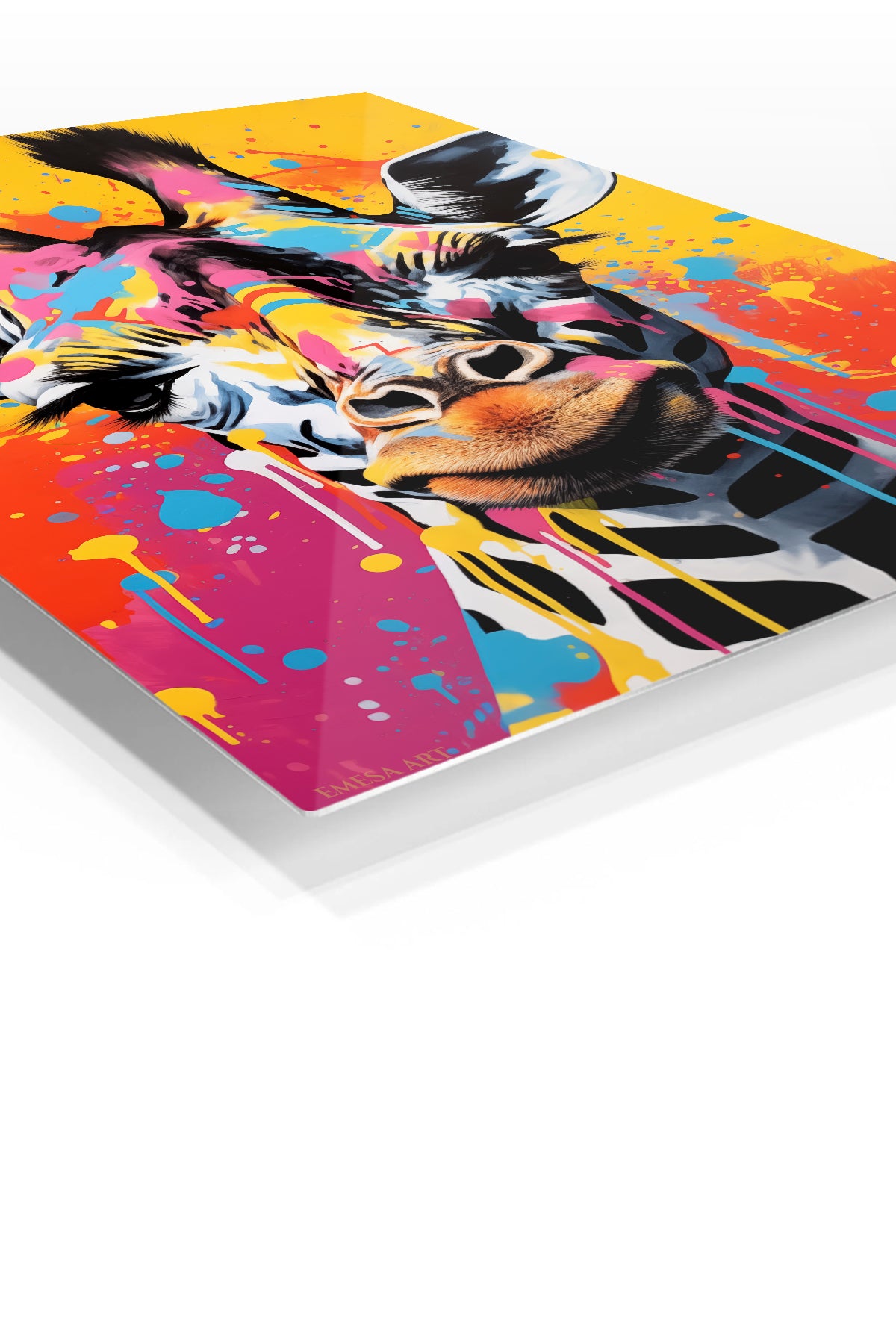 Color Splash Giraffe Portrait premium metal wall art – angled view