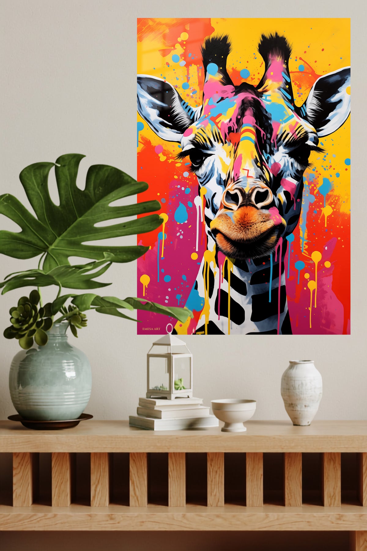 Color Splash Giraffe Portrait metal wall art displayed in a modern interior