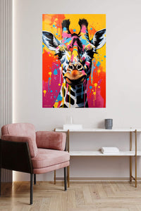 Color Splash Giraffe Portrait metal wall art displayed in a contemporary living space