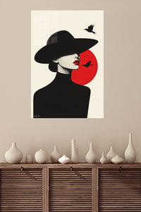 Red Sun Fashion Silhouette metal wall art displayed in a modern interior