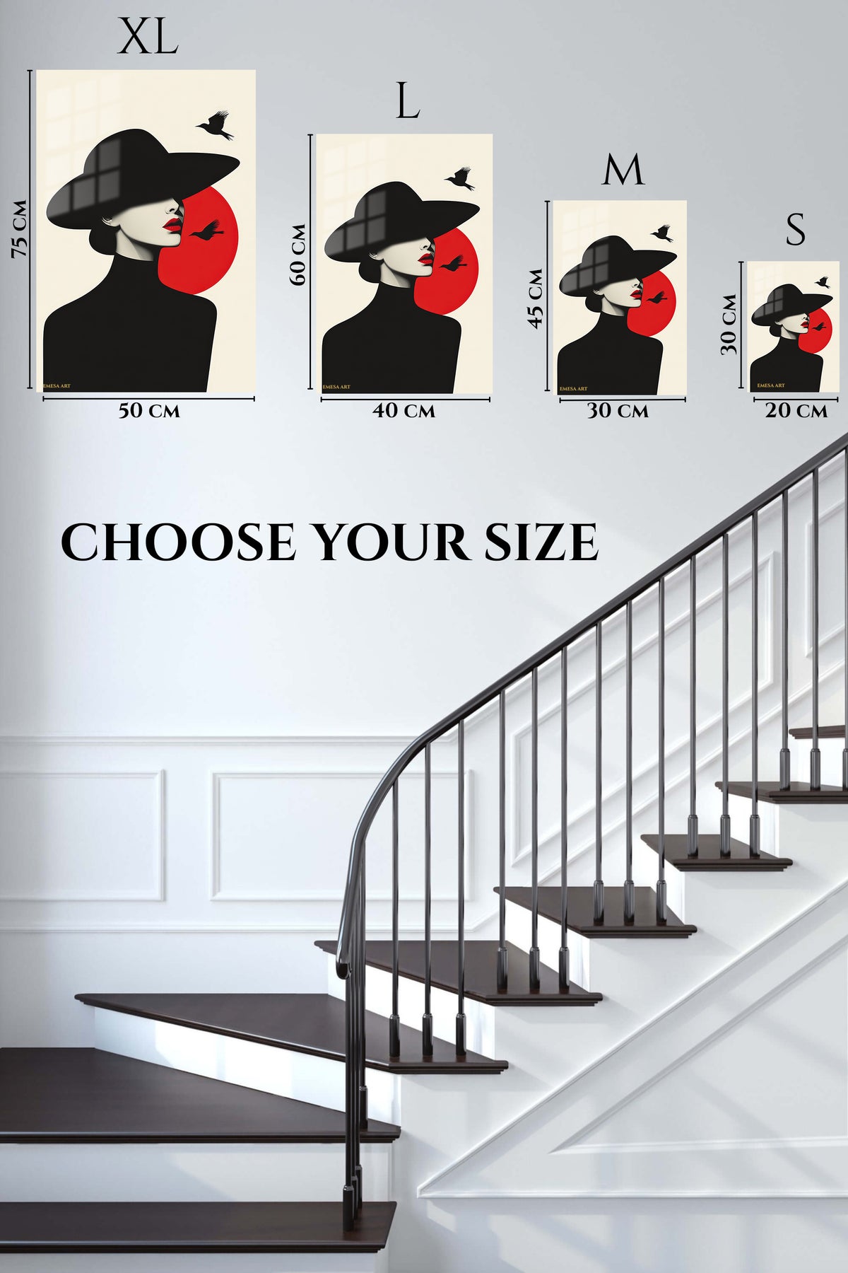 EMESA metal wall art size comparison guide for Red Sun Fashion Silhouette