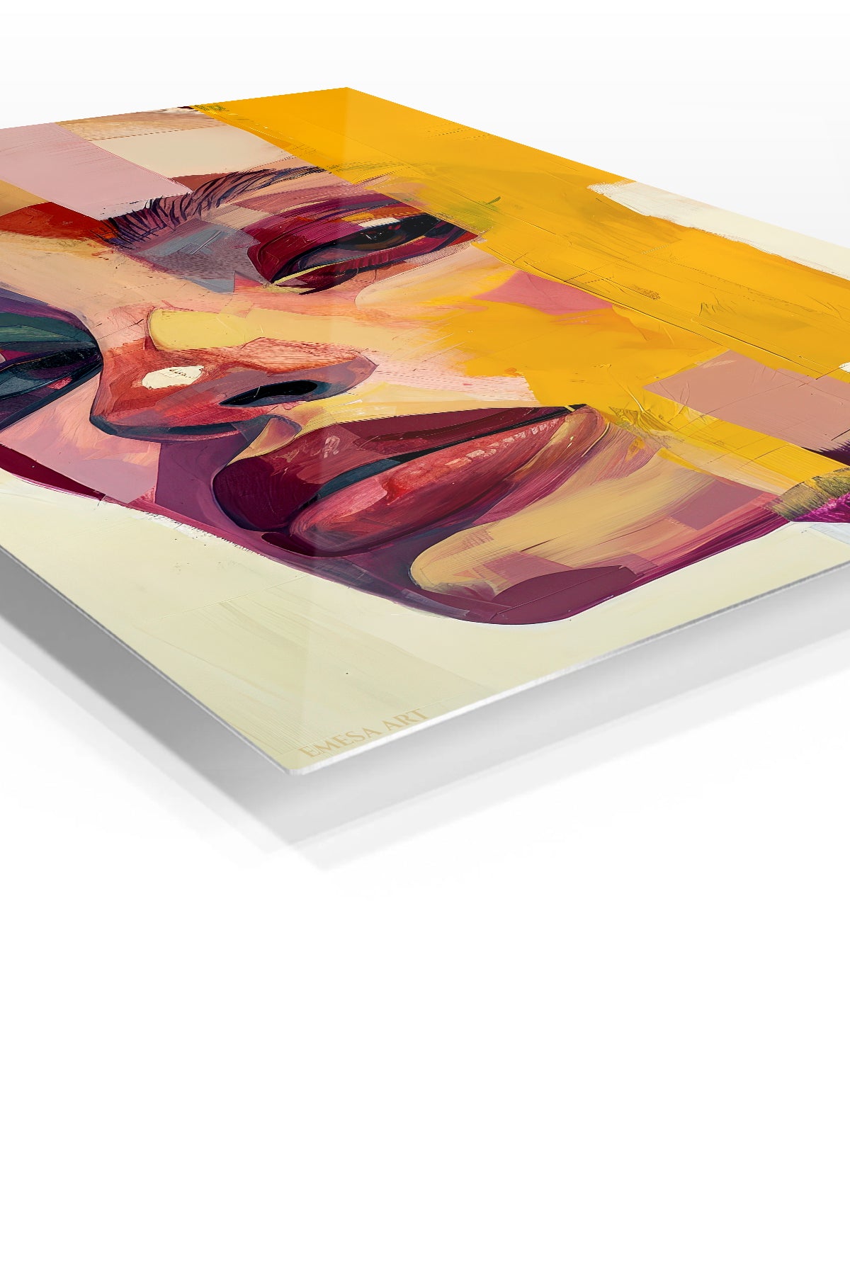 Golden Abstract Woman Portrait premium metal wall art – angled view