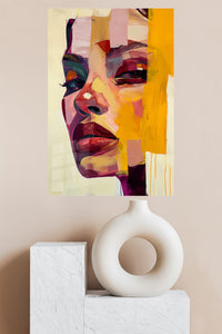 Golden Abstract Woman Portrait metal wall art displayed in a modern interior