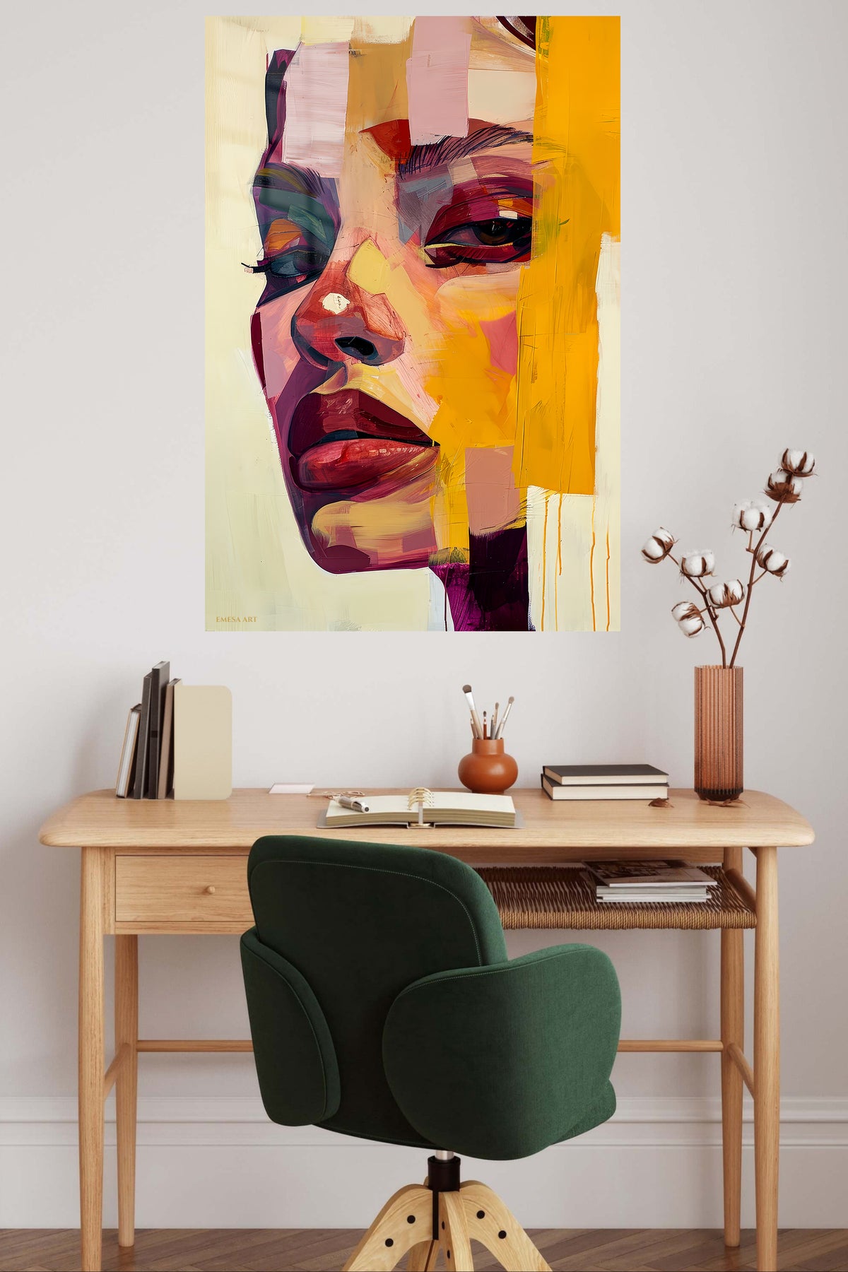 Golden Abstract Woman Portrait metal wall art displayed in a contemporary living space