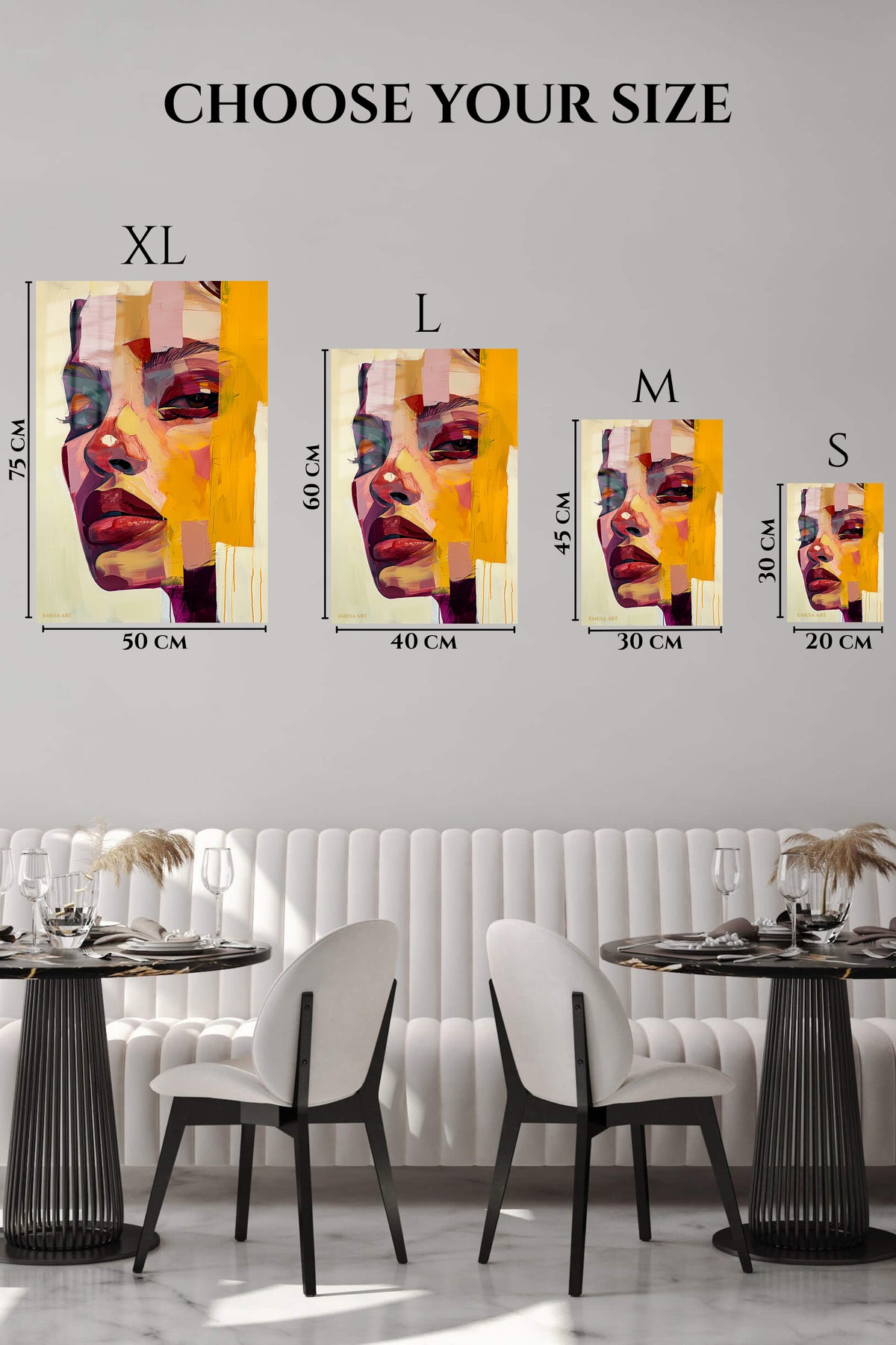 EMESA metal wall art size comparison guide for Golden Abstract Woman Portrait